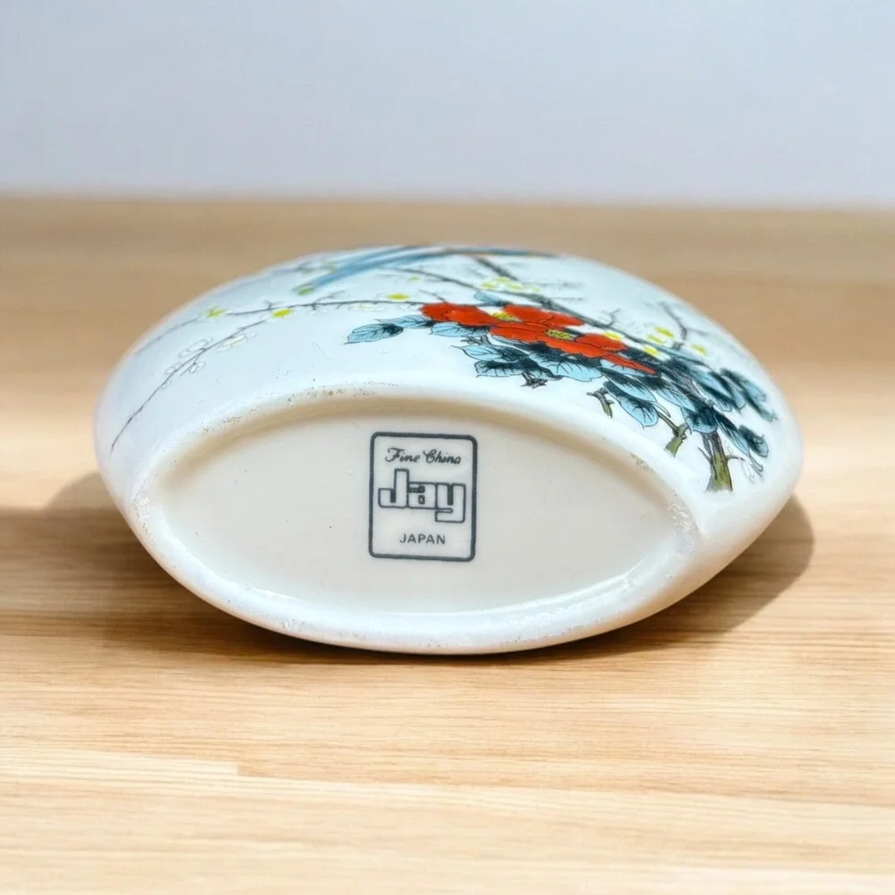 Vintage Oriental Bird Oval / Narrow Jay Japan Ceramic Planter/ Vase 4 1/3